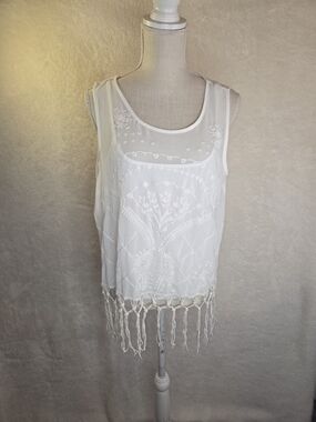 Adiva Boho Sheer Embroidered Tank w/ Fringe White Festival Cottagecore Sz XL NWT
